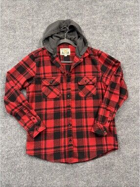 Free Planet Boys Red Plaid Hooded Button Up Long Sleeve  Shirt With Grey Hood L